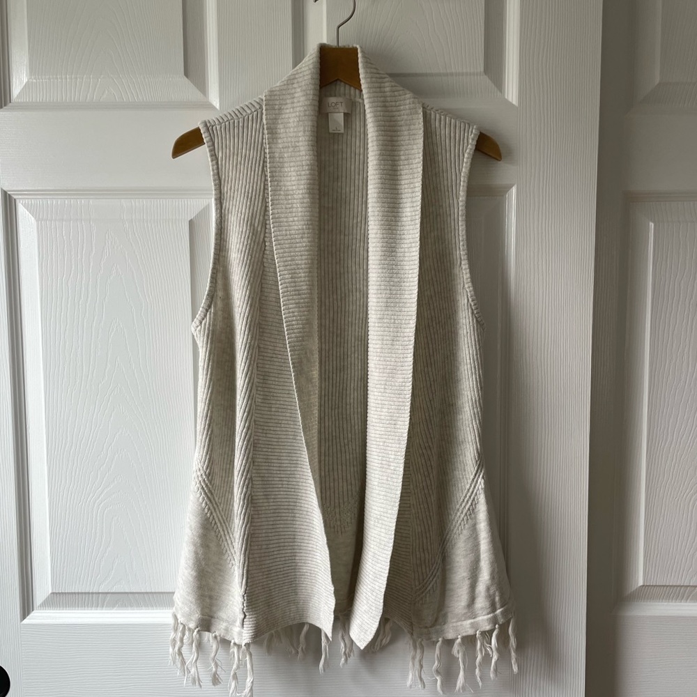 Loft Cream Open Front Sleeveless Cardigan Knit Vest with Tassels Fringe